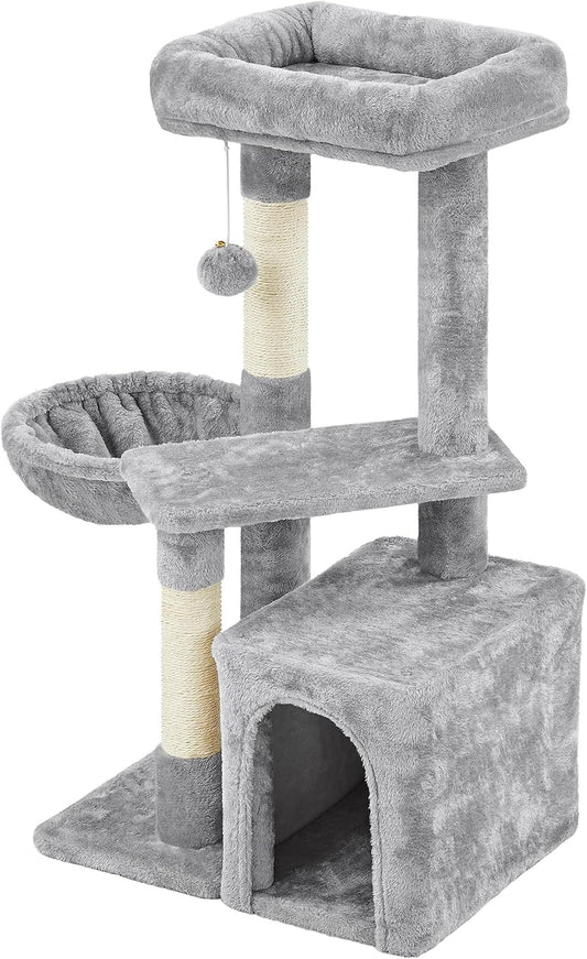 Cat Tree 34In Cat Tower Plush Cover with Condo, Platform & Basket for Indoor Kittens, Cat Furniture Activity Tree | Scratching Posts, Soft Plush Platform & Window Perch, for Kittens & Small-Medium Cats up to 11 Lb, Easy to Assemble