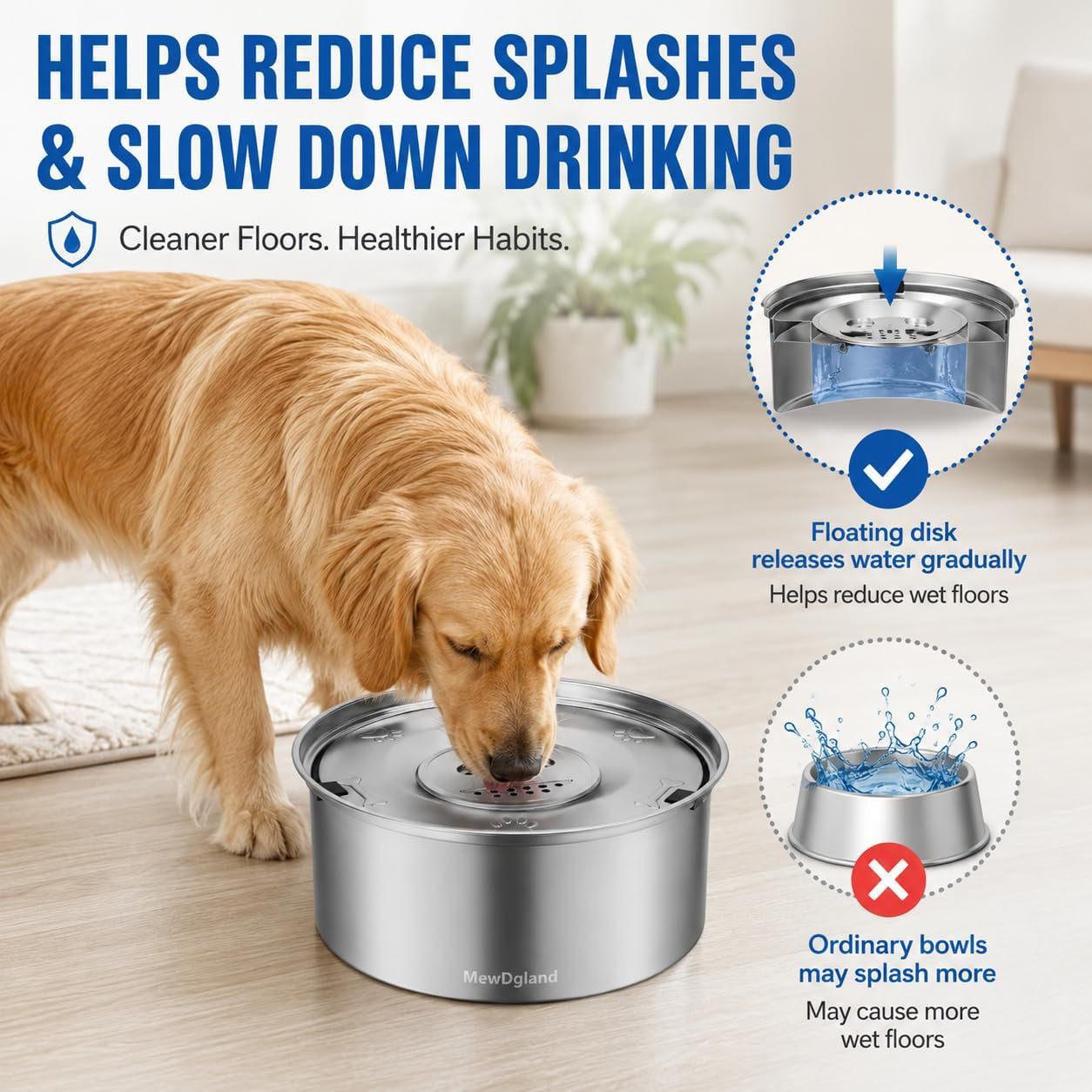 Dog Water Bowl No Spill, 3L Stainless Steel Slow Feeder Dog Bowl with Floating Disk