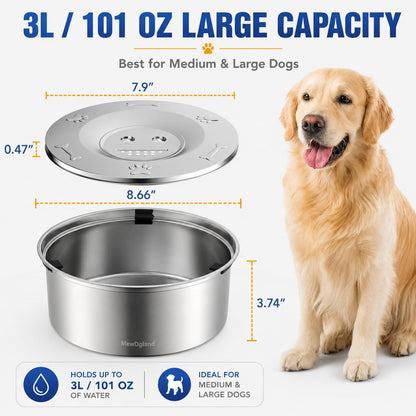 Dog Water Bowl No Spill, 3L Stainless Steel Slow Feeder Dog Bowl with Floating Disk