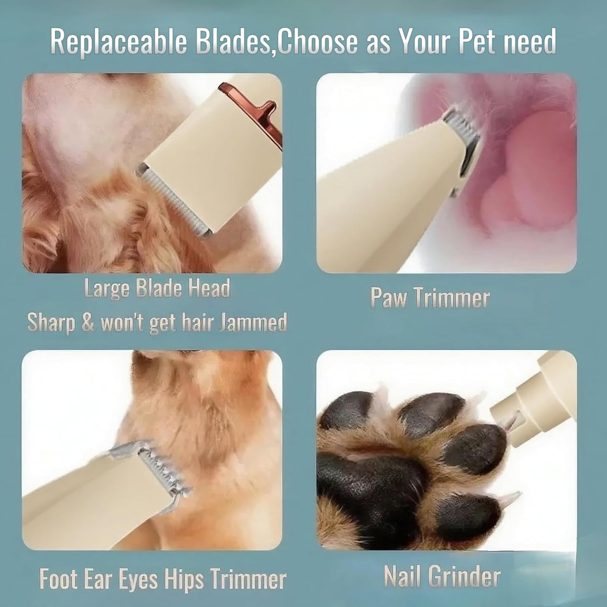 Low Noise 4-In-1 Dog Grooming Clippers Kit, Cordless Dog Nail Clipper, Paw Trimmer, Ear Trimmer