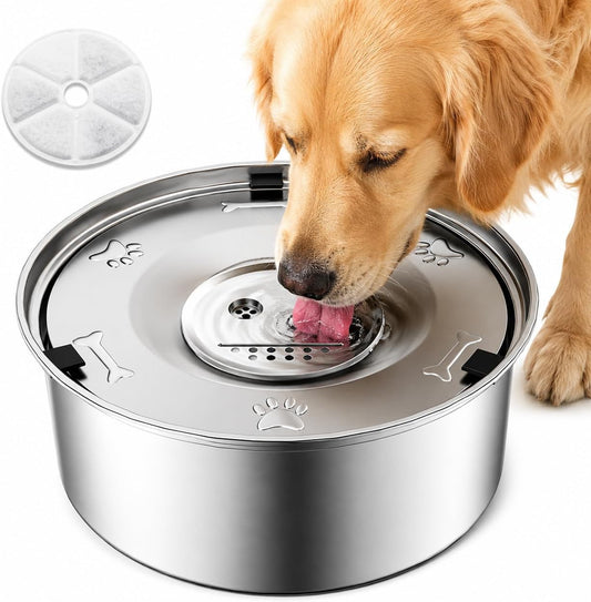 Dog Water Bowl No Spill, 3L Stainless Steel Slow Feeder Dog Bowl with Floating Disk